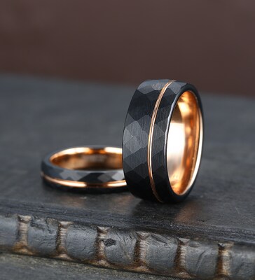 Men's wedding band, rose gold strip, black hammered tungsten carbide ring, gift for him, men's wedding ring, black ring, comfort fit ring - image4